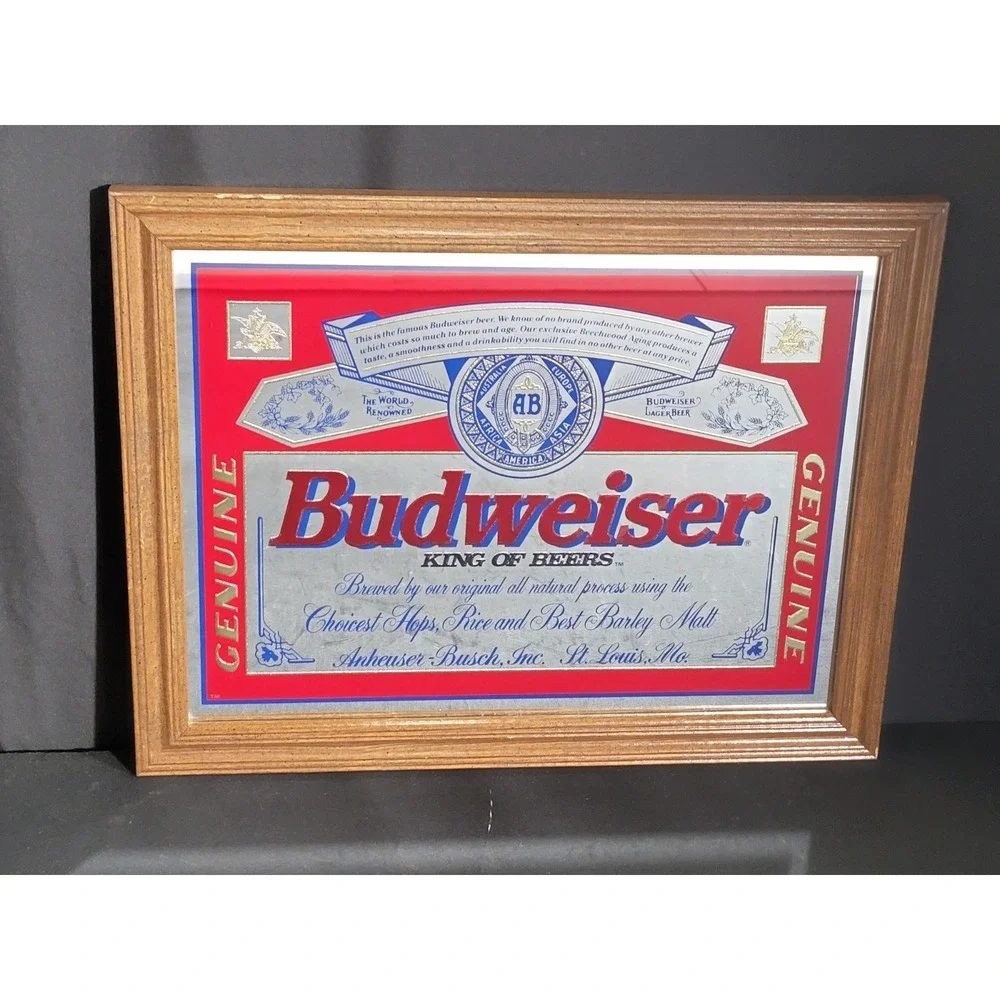 Vintage 1994 Budweiser Beer Anheuser Busch Mirror Sign Wood Frame Bar Sign